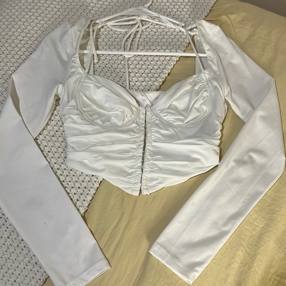White Long Sleeve Corset Crop Top